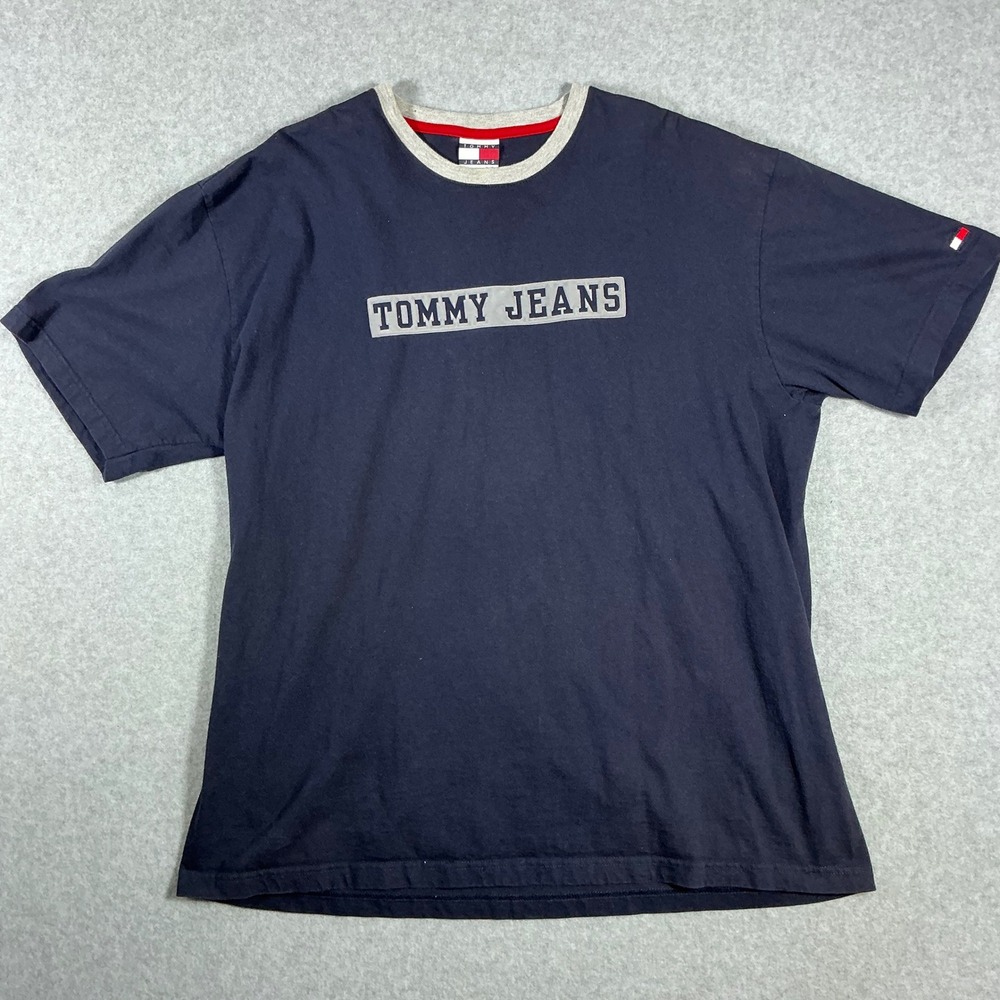Tommy Jeans Mens XL Navy Blue Ringer T-Shirt Block Logo Vintage Style Cotton